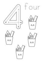 Flashcard number 4. Preschool worksheet. Black and white pencil cups. vector