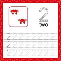 Cards with numbers for children. Trace the line. For kids learning to count and to write. Number two. Count crabs game. Educational maths worksheets vector