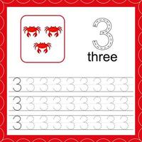 Cards with numbers for children. Trace the line. For kids learning to count and to write. Number three. Count crabs game. Educational maths worksheets vector