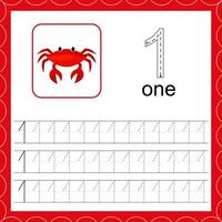 Cards with numbers for children. Trace the line. For kids learning to count and to write. Number one. Count crabs game. Educational maths worksheets vector