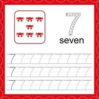 Cards with numbers for children. Trace the line. For kids learning to count and to write. Number seven. Count crabs game. Educational maths worksheets vector