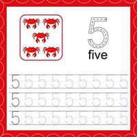 Cards with numbers for children. Trace the line. For kids learning to count and to write. Number five. Count crabs game. Educational maths worksheets vector