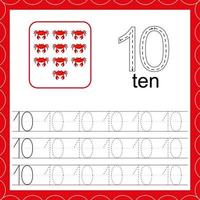 Cards with numbers for children. Trace the line. For kids learning to count and to write. Number ten. Count crabs game. Educational maths worksheets vector