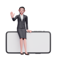 donna d'affari in abito formale seduto casualmente su un grande telefono orizzontale e agitando la mano, illustrazione del carattere di rendering 3d