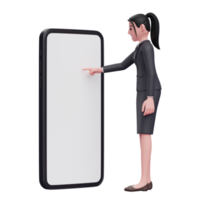 Business woman in formal suit touching phone screen with index finger, 3d render character illustration png