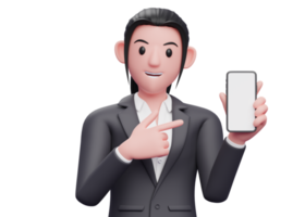 Portrait Business woman in formal suit pointing to phone screen for advertising, 3d render close up girl character png