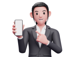 Portrait Business woman in formal suit pointing cell phone with index finger, 3d render close up girl character png