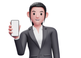 Portrait Business woman in formal suit holding a smartphone while tilting her body, 3d render close up girl character png
