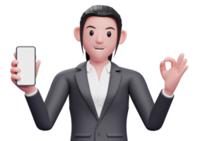 Portrait Business woman in formal suit giving ok finger and holding a mobile phone , 3d render close up girl character png