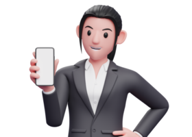 Portrait Business woman in formal suit holding and looking at a phone and left hand on waist, 3d render close up girl character png