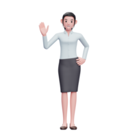 Mulher de negócios 3D usa saias e camisas compridas acenando com a mão dizendo oi