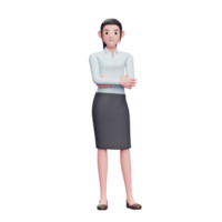 mujer de negocios 3d posando con los brazos cruzados usa faldas y camisas largas, ilustración de personaje de mujer de negocios png