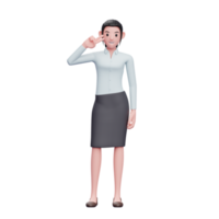 jeune femme posant un doigt de paix sur la joue, illustration de personnage de femme d'affaires 3d png