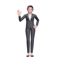 chica con ropa formal saludando con la mano diciendo hola, render 3d ilustración de personaje de mujer de negocios png