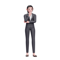 smart girl thinking with fist on chin, 3D render business woman character illustration png