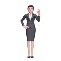 jovem vestindo vestido formal aprecia com o dedo, ilustração de personagem de mulher de negócios de renderização 3d png