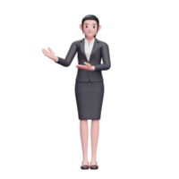 giovane donna che indossa un abito formale che presenta posa, rendering 3d illustrazione del carattere della donna d'affari png
