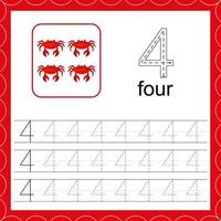 Cards with numbers for children. Trace the line. For kids learning to count and to write. Number four. Count crabs game. Educational maths worksheets vector