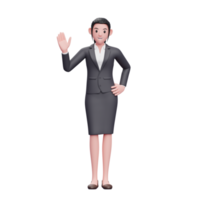 jolie femme portant un costume d'affaires disant bonjour, illustration de personnage de femme d'affaires 3d png