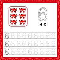 Cards with numbers for children. Trace the line. For kids learning to count and to write. Number six. Count crabs game. Educational maths worksheets vector