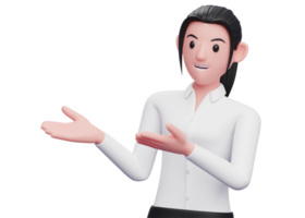 mujer de negocios 3d que presenta pose abre ambas manos hacia un lado, mujer de negocios con camisa blanca ilustración de personaje representación 3d png