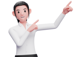 mujer de negocios levantando ambas manos apuntando a la esquina superior derecha con camisa blanca, ilustración de personaje de mujer de negocios de representación 3d