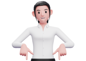 Mulher de negócios 3d na camisa branca apontando para baixo, ilustração de personagem de mulher de negócios renderização em 3d png