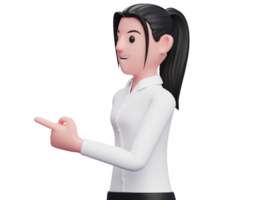 mujer de negocios de pelo largo mirando hacia el lado y señalando, ilustración de personaje de mujer de negocios representación 3d png