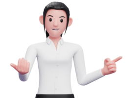 mujer de negocios con camisa blanca ven aquí gesto y apuntando hacia un lado, representación 3d ilustración de personaje de mujer de negocios