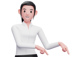 Girl pointing to bottom right corner suggesting audience to subscribe, 3D render business woman character illustration png