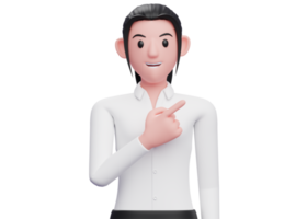 Portrait Business woman standing and pointing to the top right, 3D render pointing business woman character illustration png