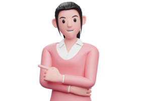 jolie fille en pull rose pointant le doigt vers la gauche et la main croisée sur la poitrine, illustration de personnage de femme d'affaires de rendu 3d png
