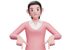 mujer de negocios 3d apuntando hacia abajo usar suéter rosa, ilustración de personaje de mujer de negocios representación 3d png