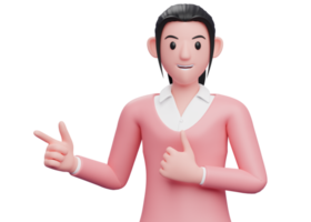 Beautiful girl in pink sweater pointing and thumbs up, close up 3D render business woman character illustration png