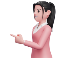 doce menina virada de lado e apontando vestindo suéter rosa, ilustração de personagem de mulher de negócios renderização em 3d png