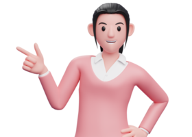 3d sweet girl in pink sweater pointing gun finger to the left, 3D render sweet girl pointing illustration png