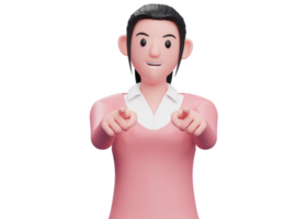 3D söt flicka i rosa tröja som pekar på kameran, 3d render söt flicka pekar illustration png