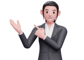 business woman Pointing and recommending poses sideways up, business woman black blazer pointing illustration 3D rendering png