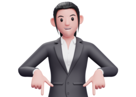 3d business woman pointing down, business woman in formal suit pointing illustration png