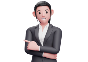 business girl in formal suit pointing to the left and hand crossed on chest, 3D render business woman pointing illustration png