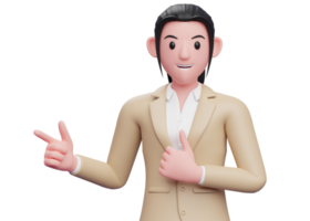 Business girl in brown suit pointing and thumbs up, close up 3D render business woman character illustration png