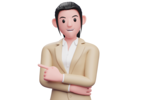 business girl in brown suit pointing to the left and hand crossed on chest, 3D render business woman pointing illustration png