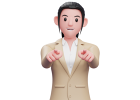 portrait of a business woman in a brown suit pointing to the camera with both hand, 3d illustration of a business woman in a brown suit pointing png