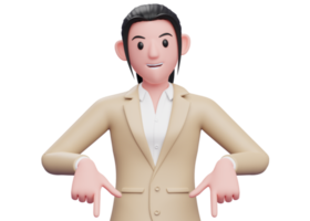 3d business woman pointing down, business woman in brown suit pointing illustration png