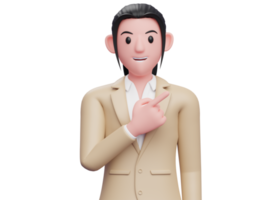portrait of confident business woman in brown suit pointing to the top right, business woman in brown suit pointing illustration png
