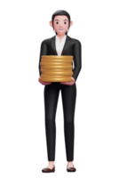 business woman in a black suit carry piles of gold coins, 3d illustration of a business woman in a black suit holding dollar coin png