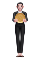 business woman in a black suit Holding Coin, 3d illustration of a business woman in a black suit holding dollar coin png