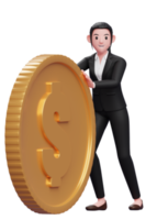 business woman in a black suit send big coins by pushing, 3d illustration of a business woman in a black suit holding dollar coin png