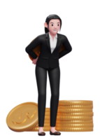 beautiful business woman in a black suit carrying a giant coin on his back, 3d illustration of a business woman in a black suit holding dollar coin png