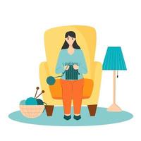 Young woman with knitting hobby vector flat illustration